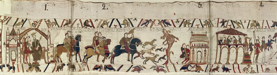 König Edward der Bekenner sendet Harold mit seinen Männern in die Normandie, Teppich von Bayeux